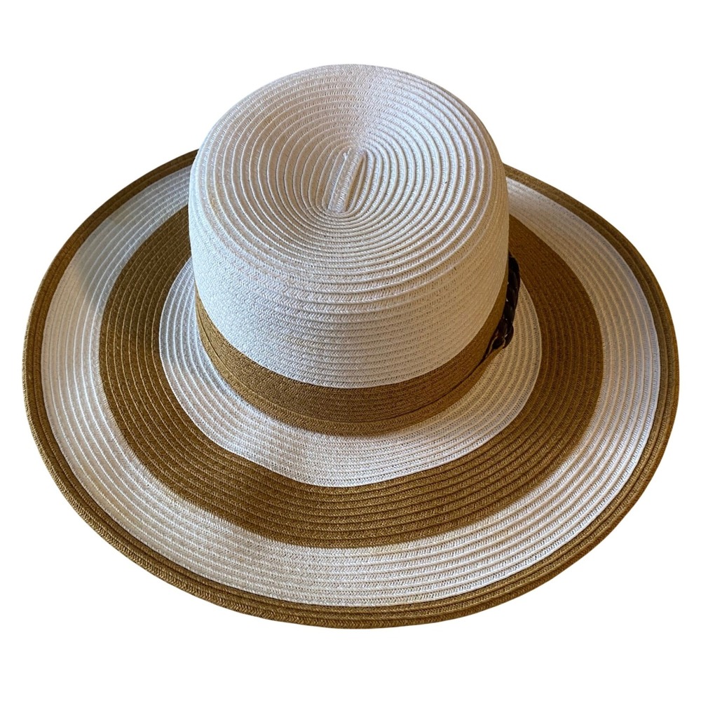 HBY Miami Sun Hat Womens OS White Tan Striped Paper Straw Beach Coastal Nautical